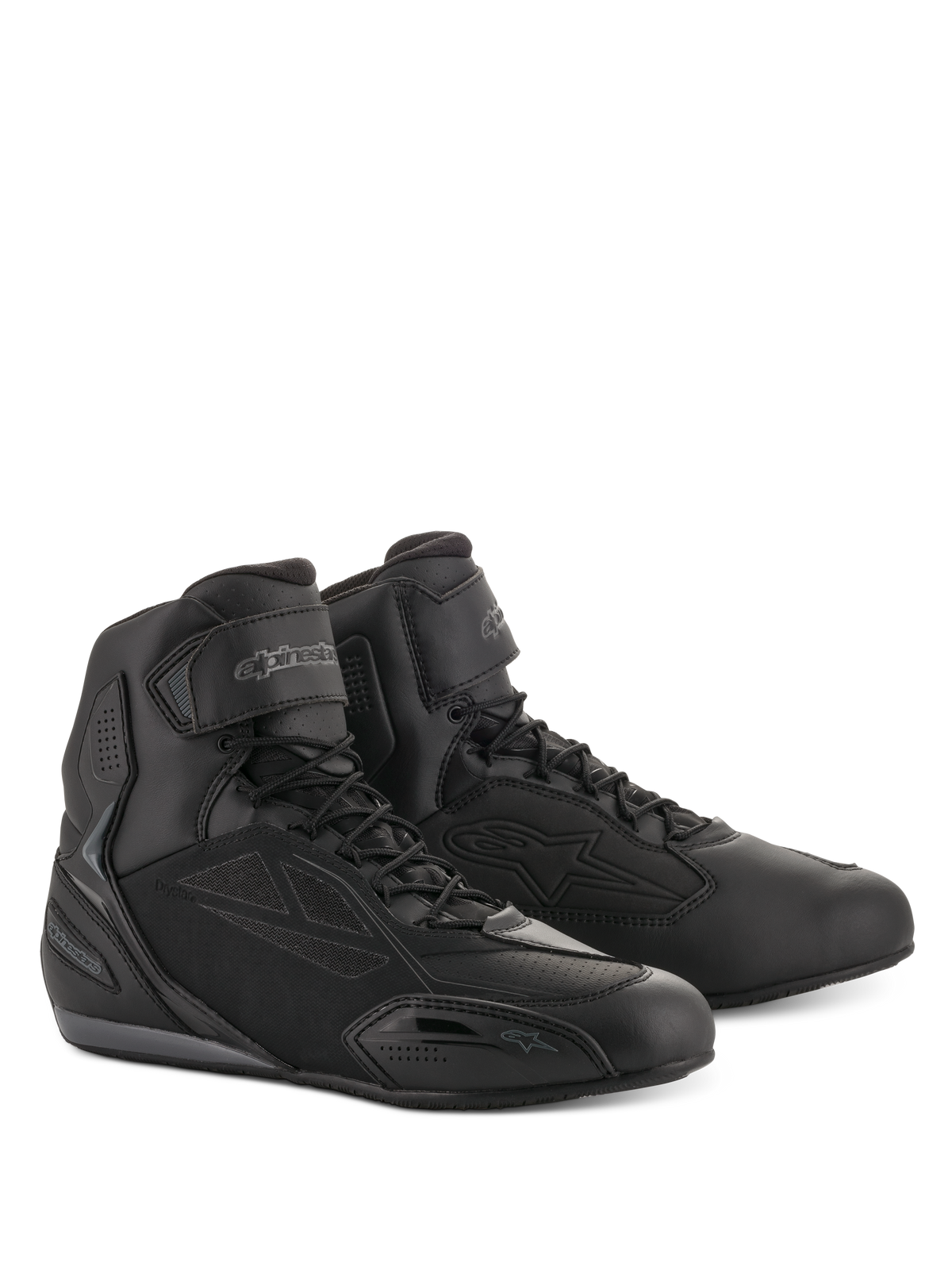 Alpinestars Faster-3 Drystar® MC-skor, körskor för motorcykel, svarta och Cool Gray, hög modell med snörning och kardborrerem vid ankeln, smidig mikrofiberkonstruktion med skyddande paneler, vattentäta skor för vägkörning