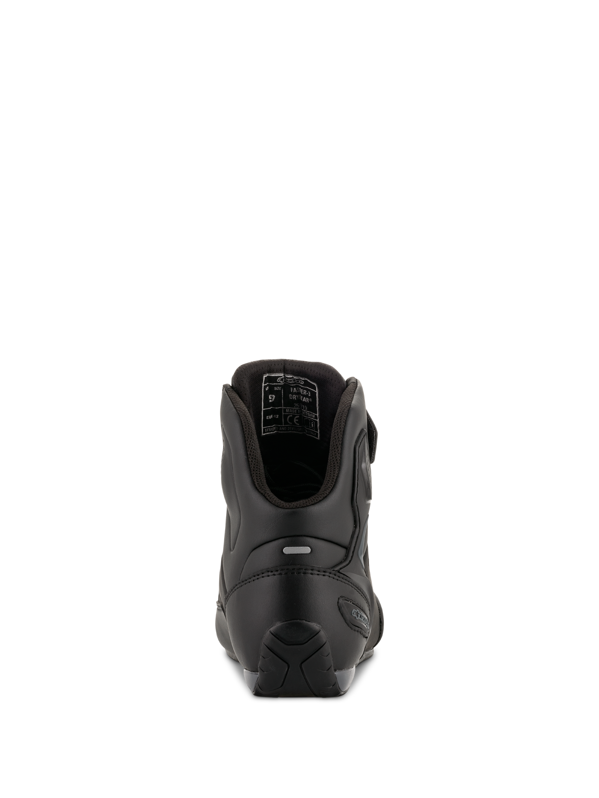 Alpinestars Faster-3 Drystar® Riding Shoes, Black Cool Gray, rear view showing heel reinforcement, reflective tab, and internal lining, waterproof microfiber construction for road riding.