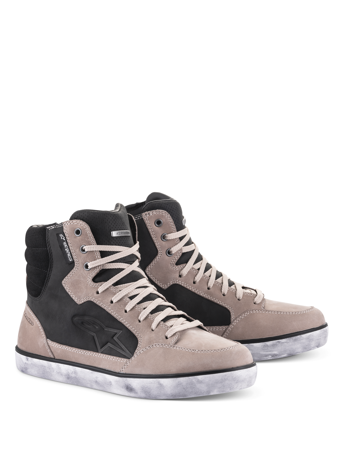 Alpinestars J-6 Waterproof Shoe, Motorcycle Riding Shoes, Black Flint and White, high-top sneaker design with distressed white sole, suede and leather upper featuring a star logo and waterproof tag, urban riding footwear