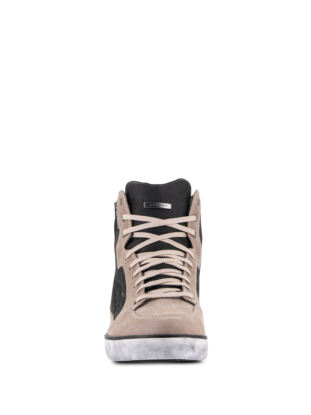 Alpinestars J-6 Waterproof Shoe in Black Flint White, front view, premium leather sneaker-style motorcycle riding shoe featuring tan laces, perforated black tongue, and distressed white sole.