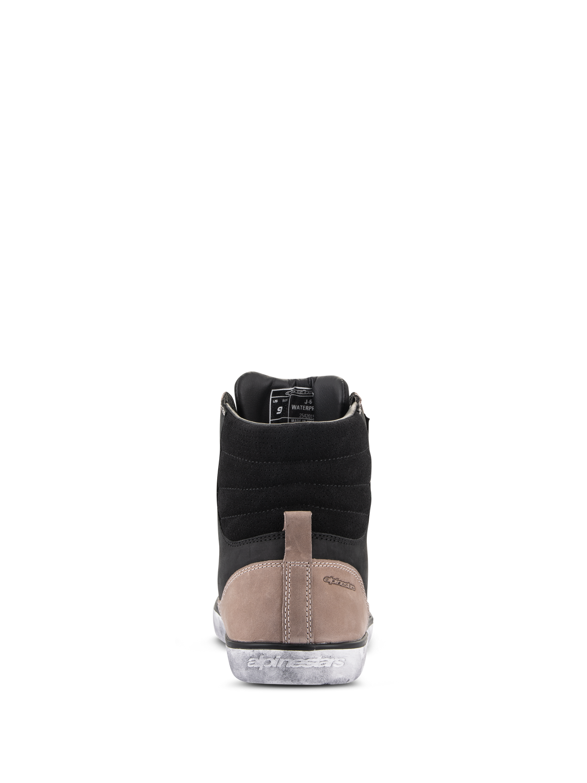 Alpinestars J-6 Waterproof Shoe, Motorcycle Riding Shoe, Black Flint White, Rear view showing black leather upper, tan heel panel with embossed logo, and distressed white rubber sole with Alpinestars branding