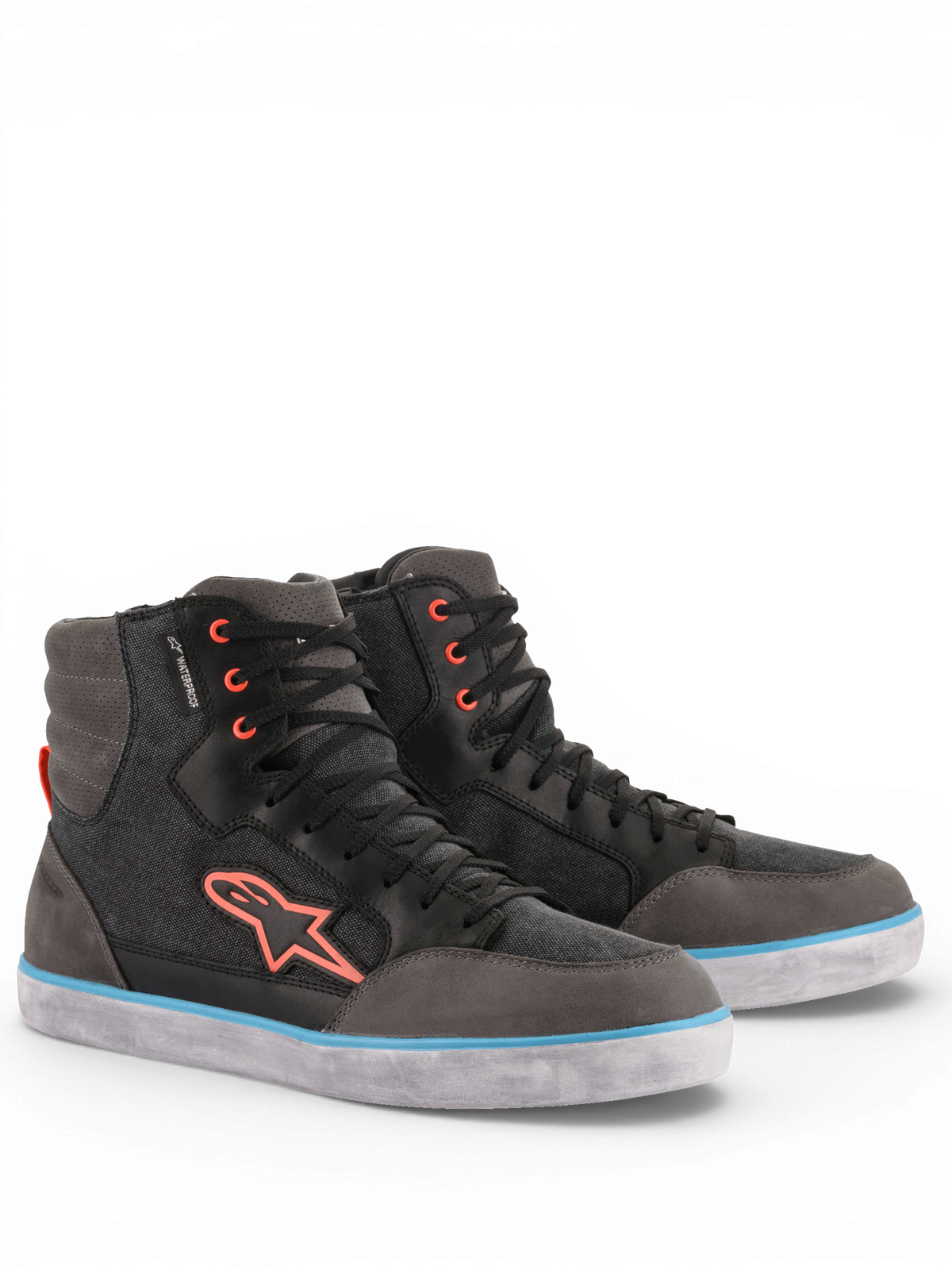 Alpinestars J-6 Vattentät Canvas motorcykelstövlar för herr i grått och svart läder med blå och orange detaljer, vattentäta.
