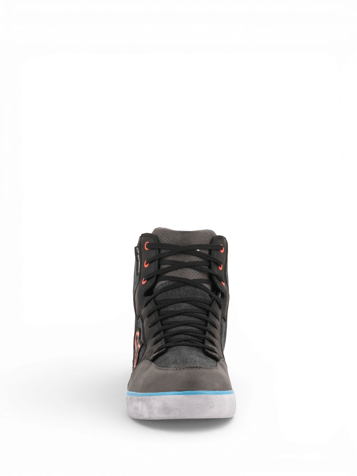 Alpinestars J-6 Vattentät Canvas, grå och svart urban motorcykelsneaker med ljusblå detaljer och vattentätt läder.