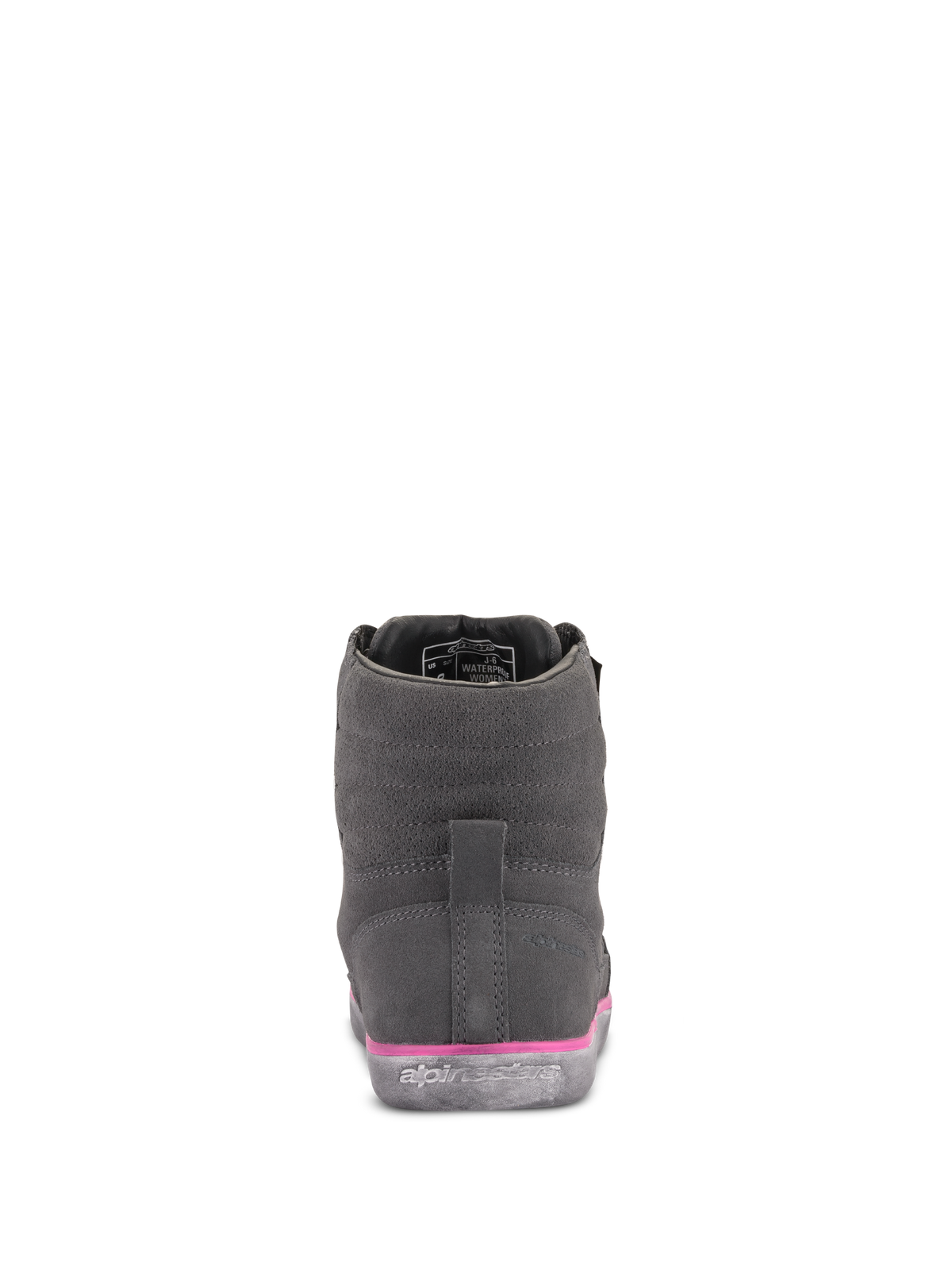 Alpinestars J-6 Waterproof körskor för damer, grå och fuchsia, vy bakifrån, ovandel i mocka med rosa detalj på mellansulan och präglad logotyp på gummisulan, urbana motorcykelskor
