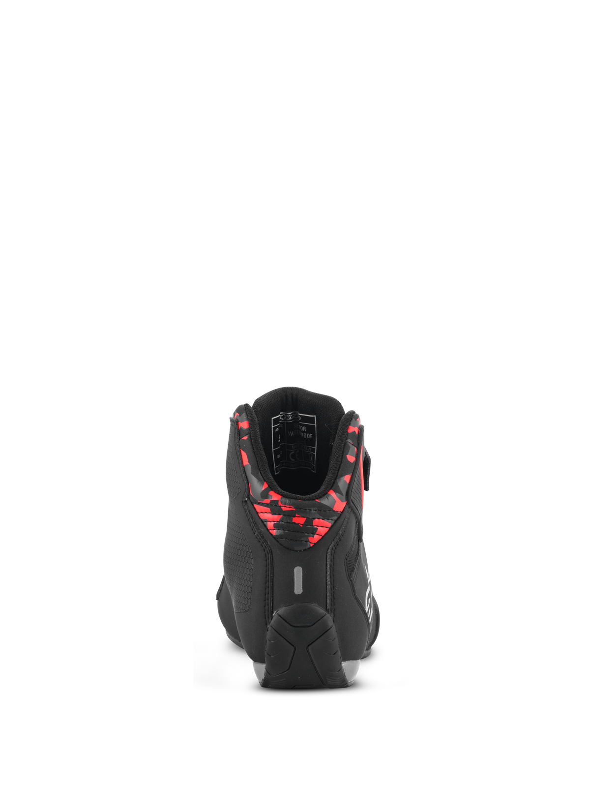 Alpinestars Sektor Waterproof Shoes, motorcykelskor, svarta, mörkgrå och neonröda, vy bakifrån som visar den mönstrade hälkragen, reflexflik och slitstark gummisula, lätt mikrofiberkonstruktion