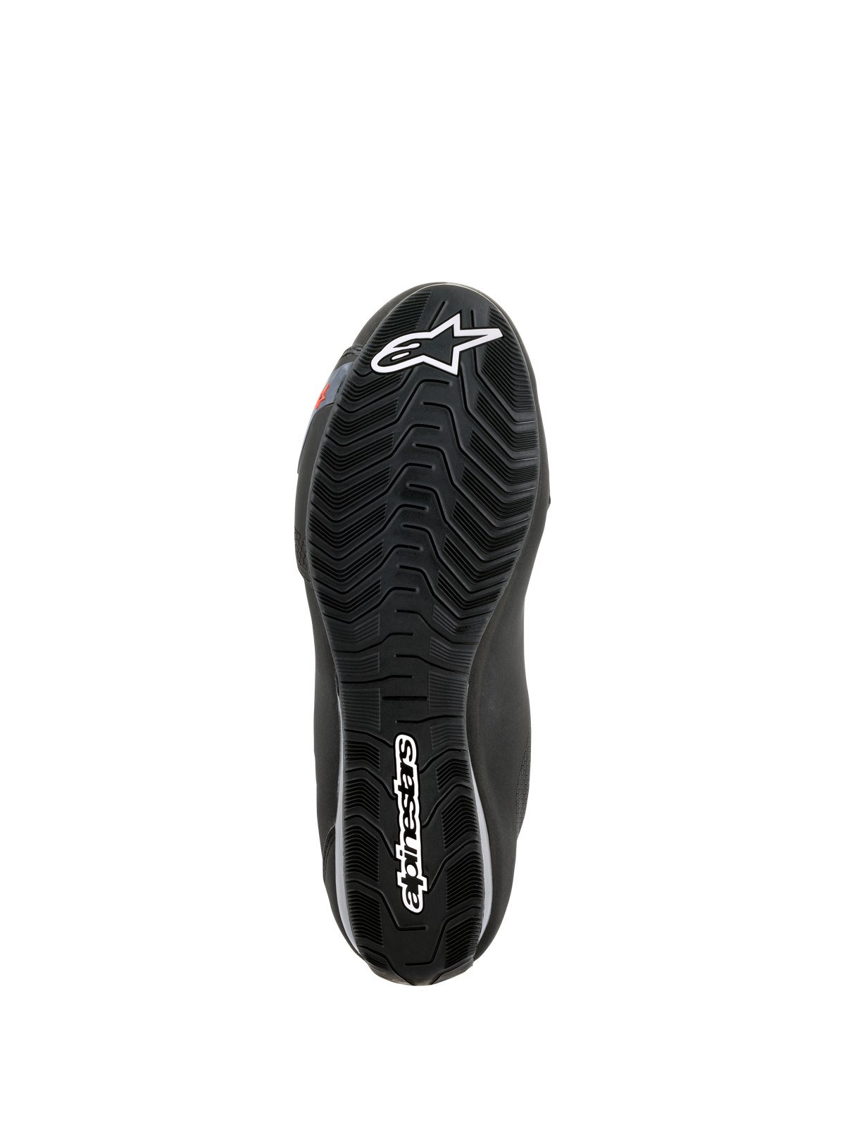 Alpinestars Sektor Waterproof-skor, vy av undersidan, svart gummisula med vågmönstrat mönster för vattenavrinning, vit Astars-logotyp och Alpinestars-varumärke, designad för grepp och stöd för motorcykelns fotpinnar