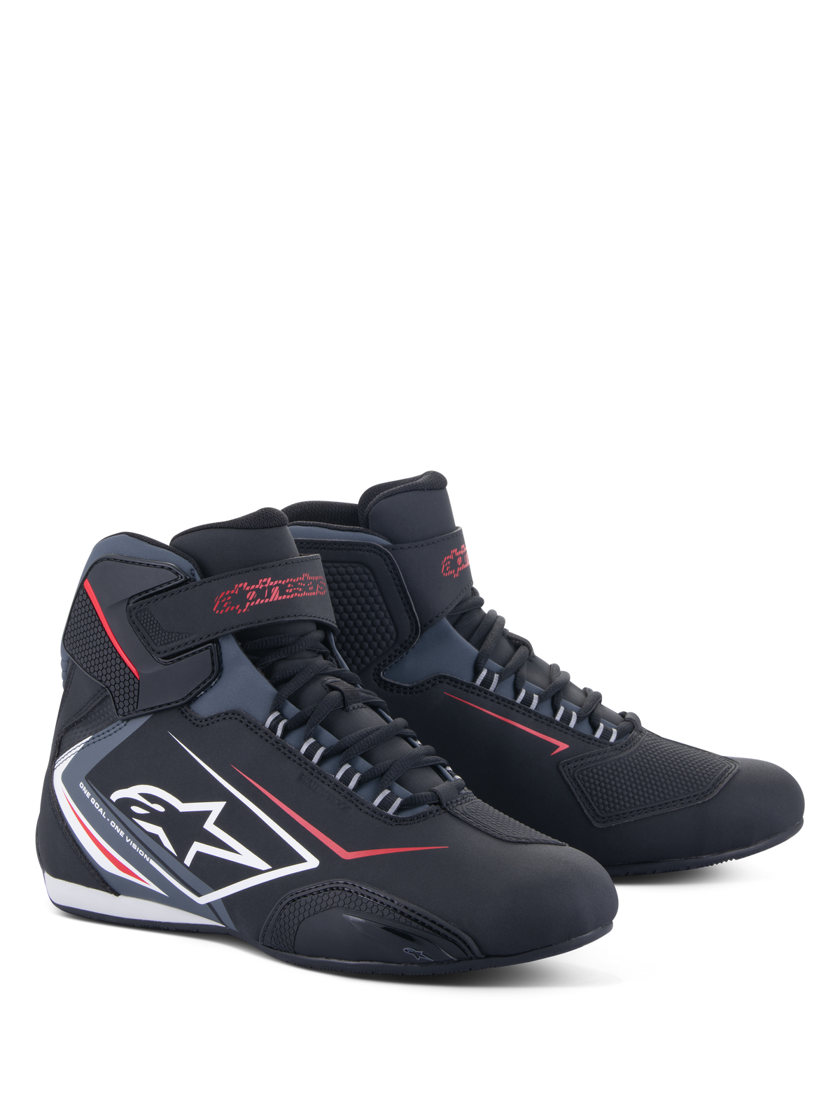 Alpinestars Sektor Waterproof Shoes, motorcycle riding shoes, black with red and white accents, featuring white star logo on the side, velcro ankle strap, and lacing system, sleek athletic design for road riding