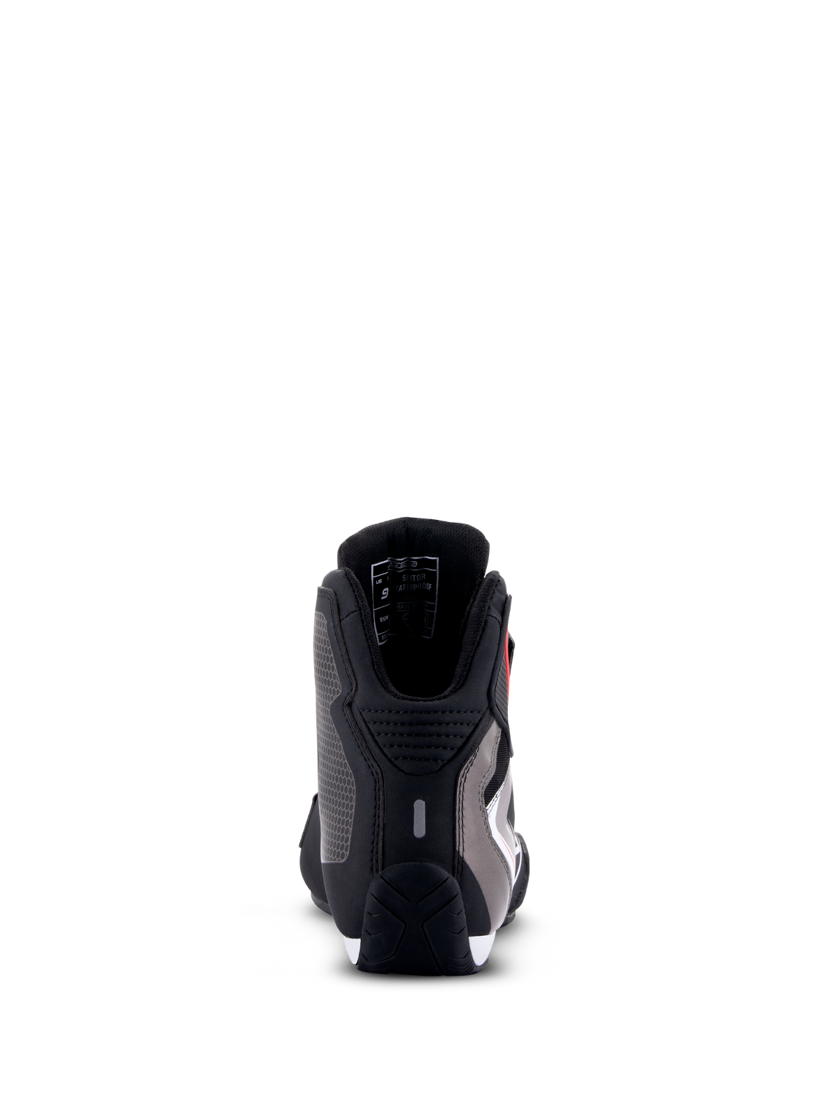 Alpinestars Sektor Waterproof Shoes, Motorcycle Riding Shoes, Black White Gray, rear view showing heel protection, microfiber chassis, and durable rubber sole.