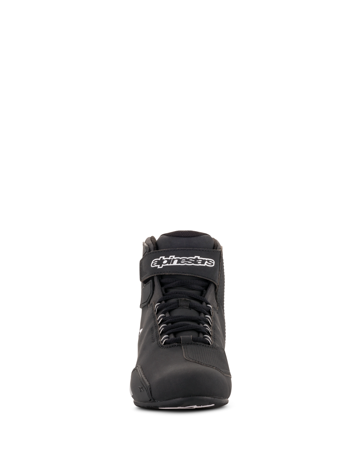 Alpinestars Stella Sektor Waterproof-skor för dam, svarta och silverfärgade, vy framifrån, låg mc-sko med snabbsnörningssystem, kardborreband vid vristen med vit logotyp, slitstark mikrofiberkonstruktion