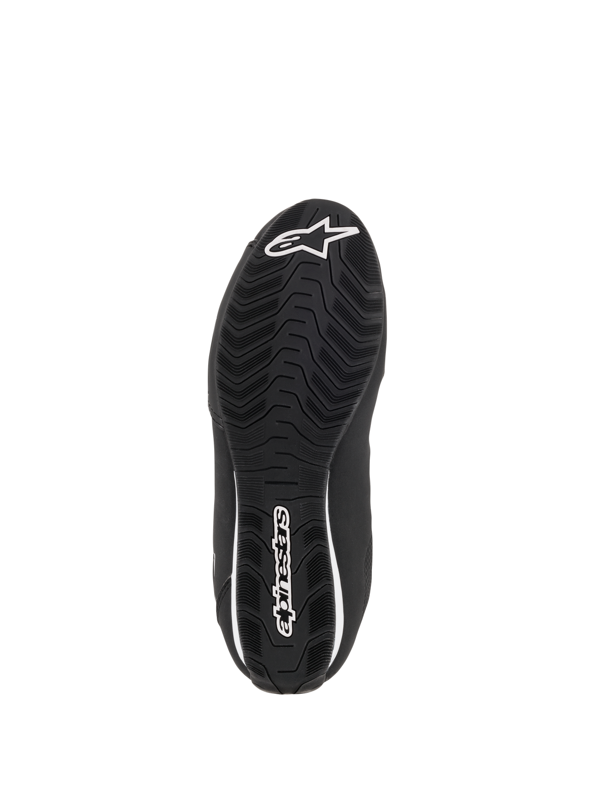 Alpinestars Stella Sektor Waterproof-skor för dam, undersida av den svarta gummisulan med ett texturerat vågformigt greppmönster för dragkraft, vit Alpinestars stjärnlogotyp och ordmärke, utformad för vattenavrinning och grepp.