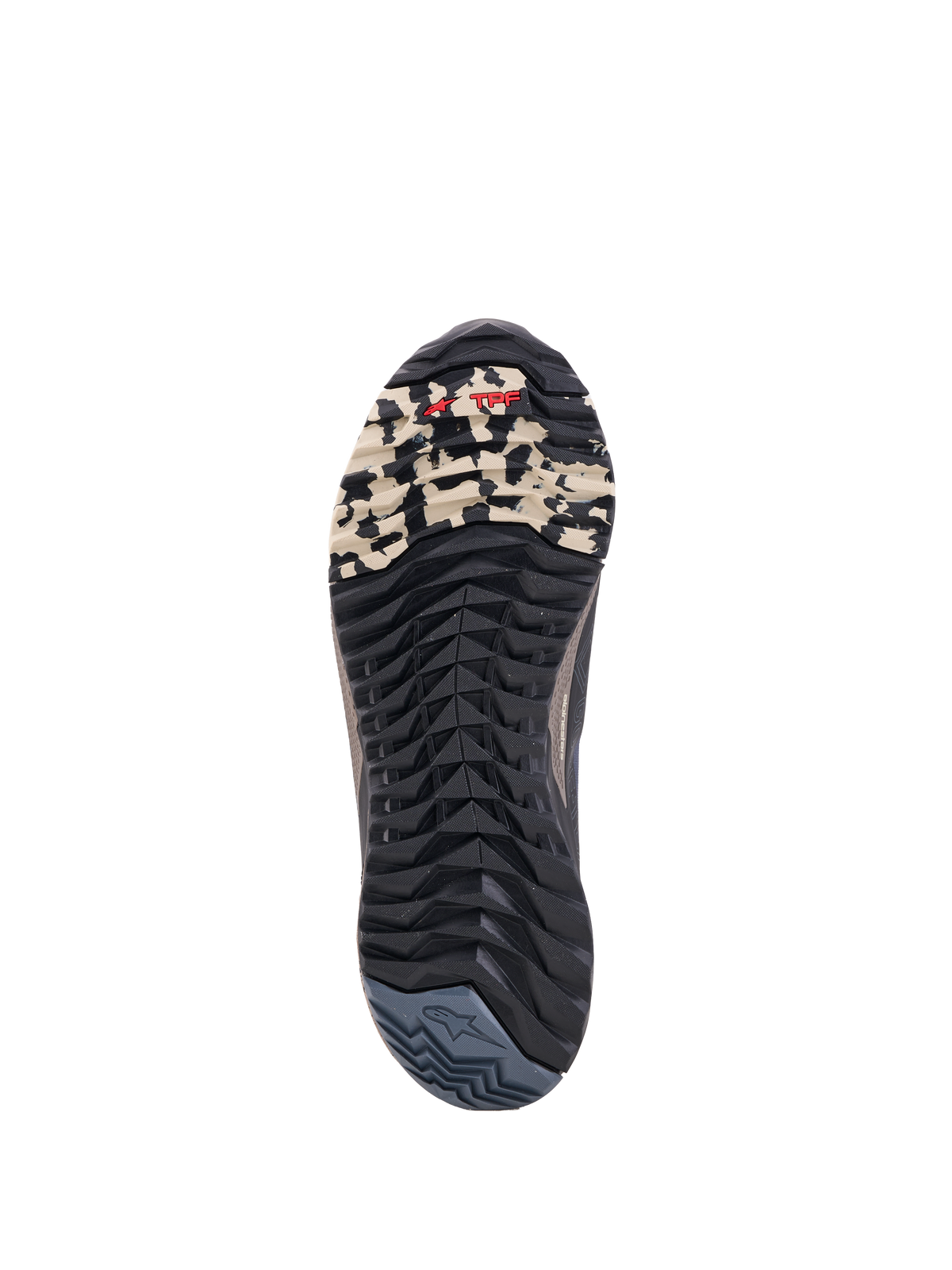 Alpinestars CR-X GORE-TEX skor, låga motorcykelstövlar med sula som visar mönster och TPF-skydd, svarta, mörkgrå och beige, vattentät GORE-TEX-konstruktion