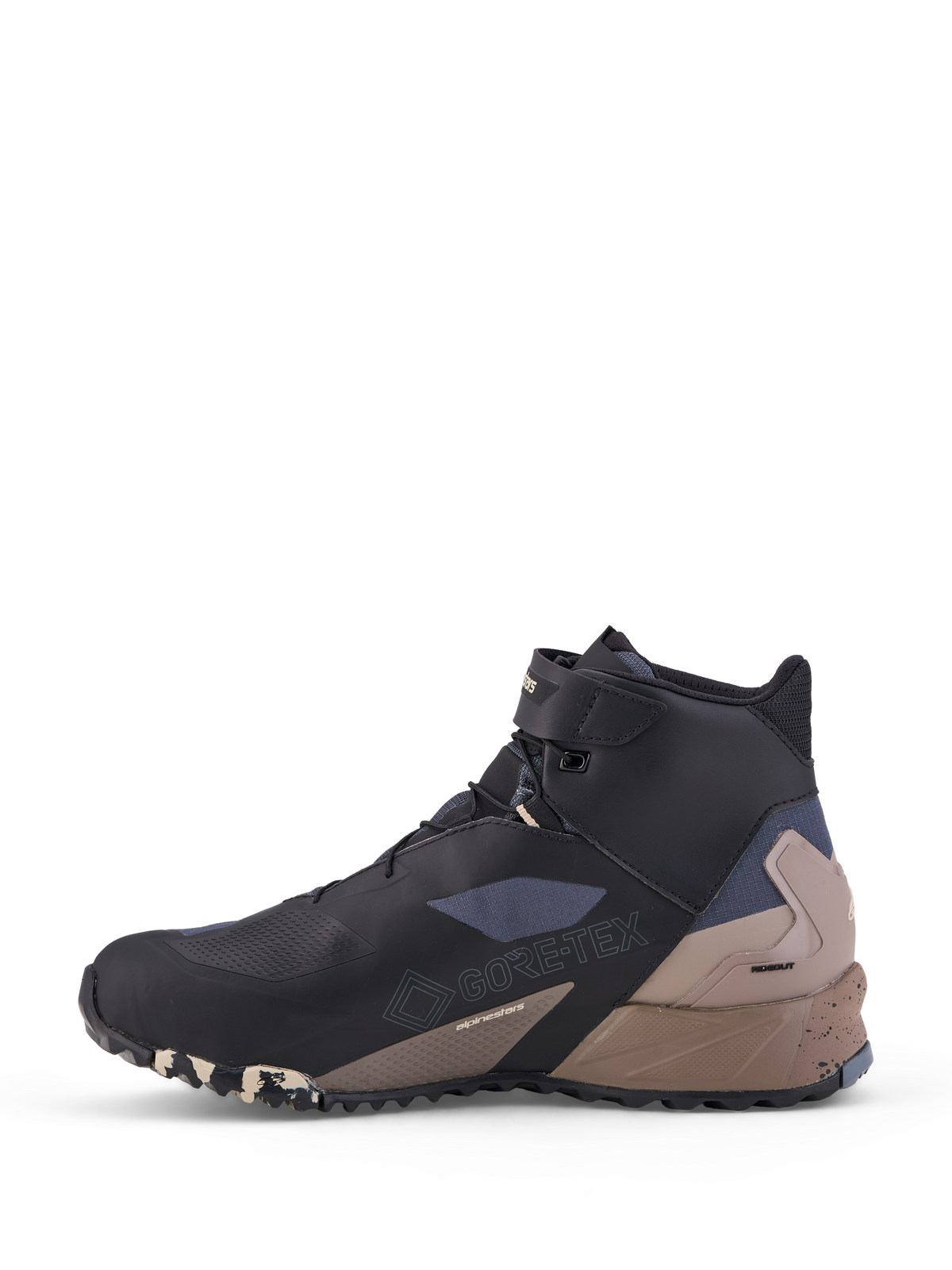Alpinestars CR-X Gore-Tex skor, låga motorcykelskor för allterrängkörning, svarta, mörkgrå och beiga, vattentät GORE-TEX-konstruktion