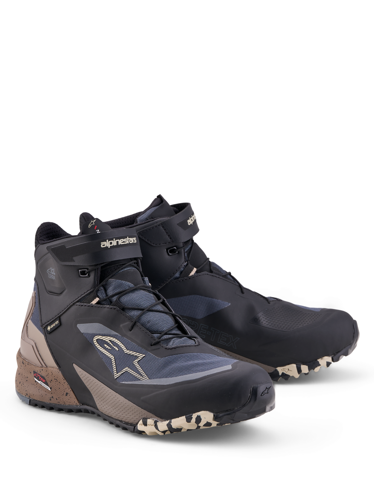 Alpinestars CR-X GORE-TEX skor, svarta och mörkgrå med beige detaljer, vattentäta motorcykelskor med GORE-TEX-membran, allterrängkörning