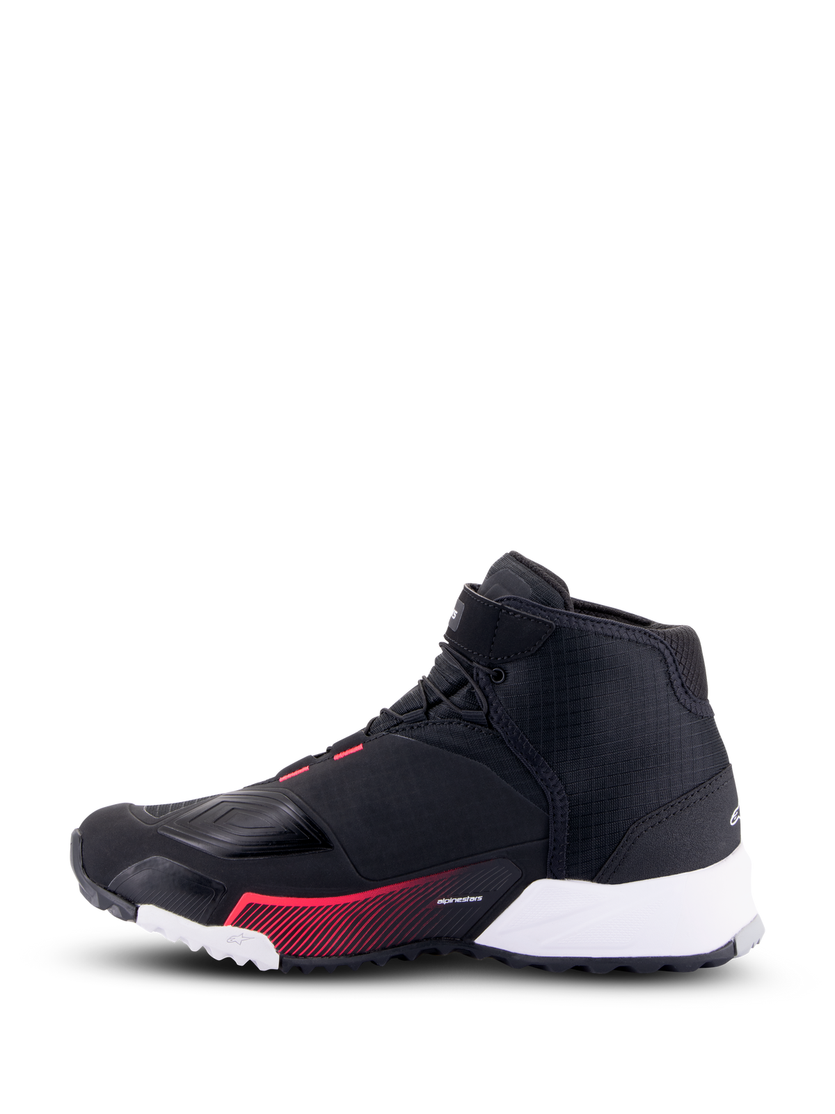 Alpinestars CR-X Drystar® motorskor för dam, mc-skor, svart, vit och diva rosa, sidoprofil som visar en svart ovandel i ripstop, vit hälsektion och rosa grafikdetaljer, urban stil med skyddande egenskaper