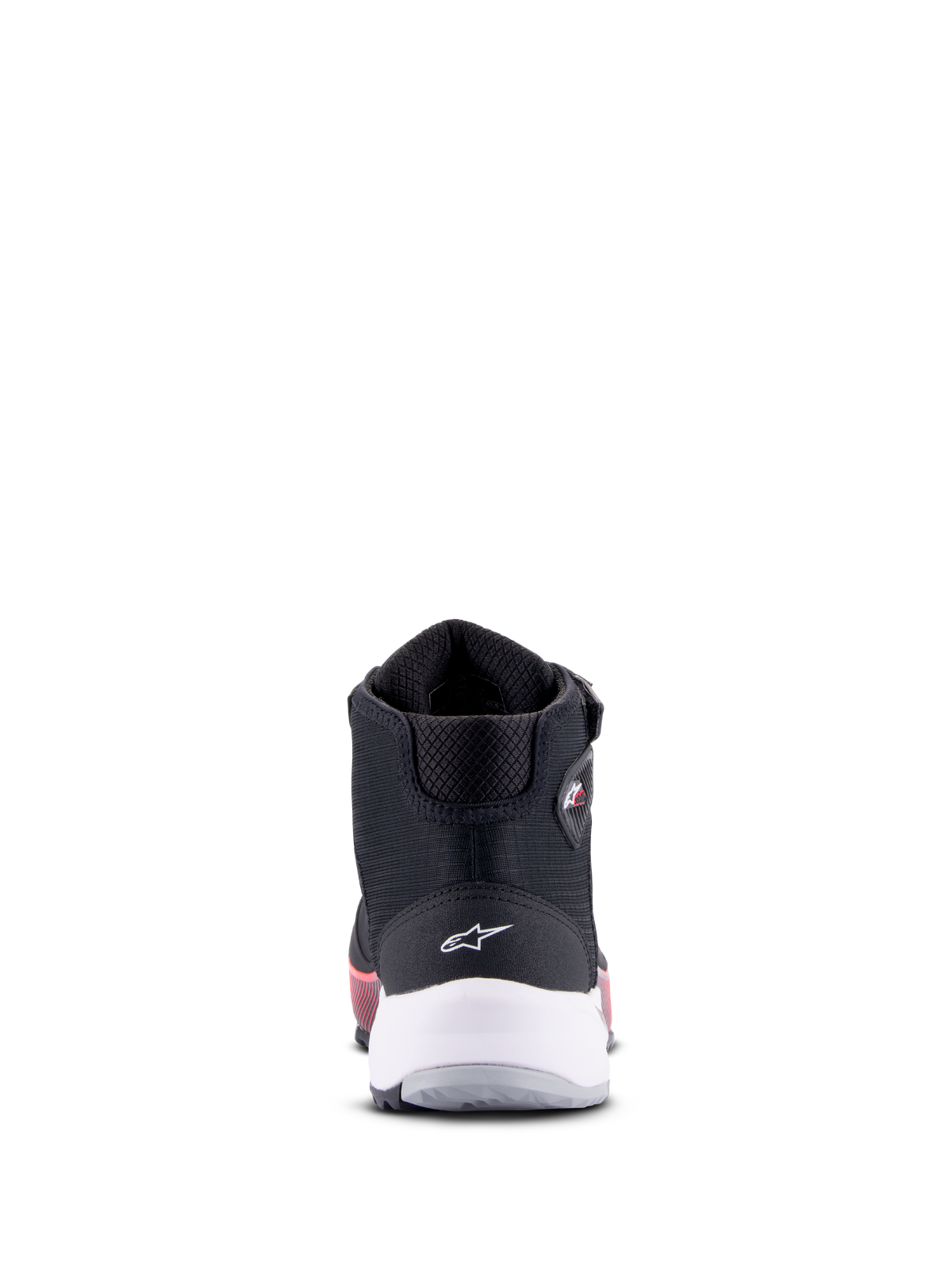 Alpinestars CR-X Drystar motorsko för dam, svart, vit och divarosa, vy bakifrån med vitt hälstöd och stjärnlogotyp, teknisk motorcykelsko med rosa detaljer på sulan