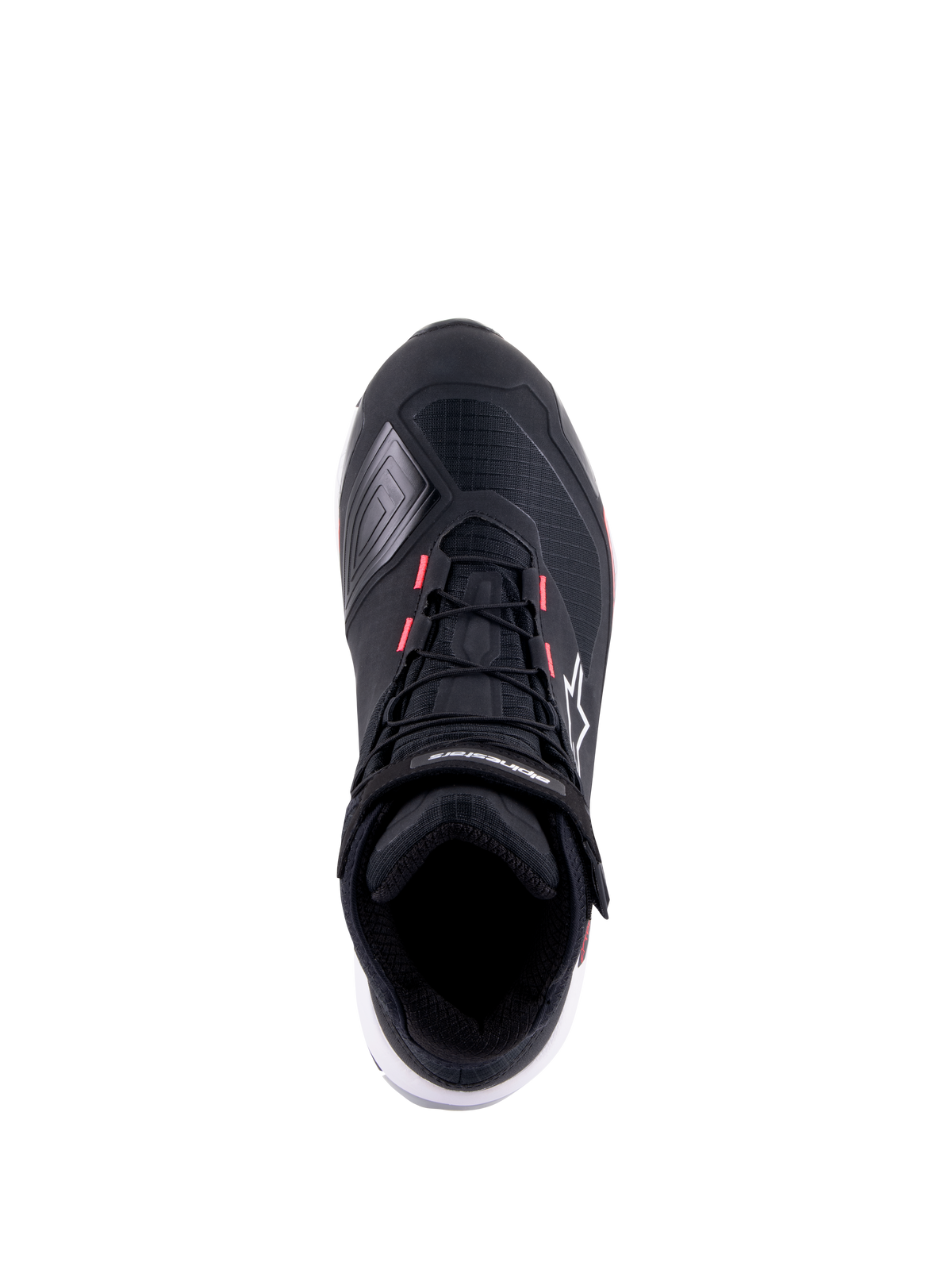 Alpinestars CR-X Drystar® motorskor för dam, svart, vit och Diva Pink, vy ovanifrån med teknisk ripstop-överdel, rosa detaljer på snörhålen och Alpinestars-logotyp på ankelremmen och sidan.