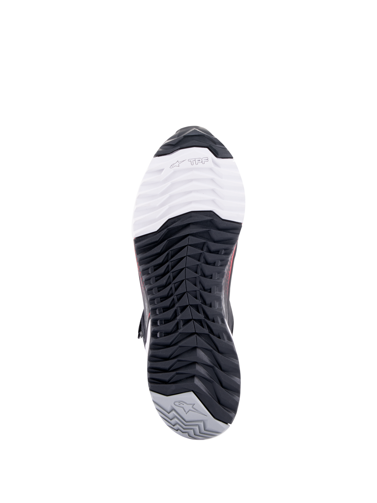 Alpinestars CR-X Drystar® motorskor för dam, mc-skor, undersida av yttersulan med TPF Transversal Protection Frame-märkning på en vit tådel, svart flervägs mönstrat grepp och grå häl med stjärnlogotyp.