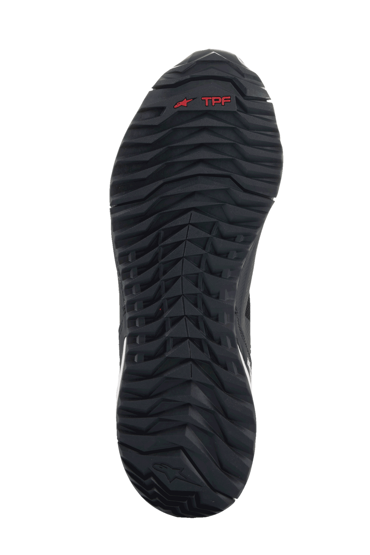 Alpinestars CR-1 Shoes, Black and White, bottom view showing the textured black sole with a red TPF logo and deep tread pattern for motorcycle riding grip.