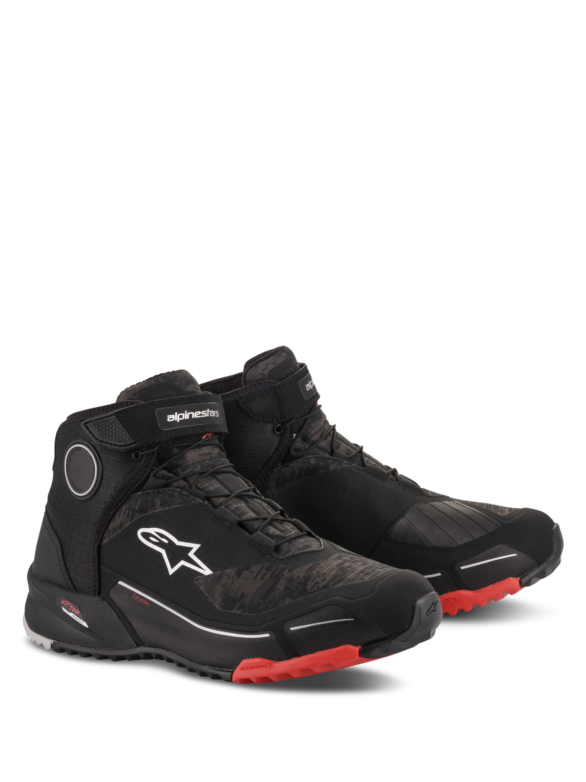 Alpinestars CR-X Drystar motorcykelskor, körskor, Black Camo Red, atletisk high-top-design med vattentätt membran, vit Astars-logotyp på sidan, röda detaljer på yttersulan och tån, urban och adventure touring-stil