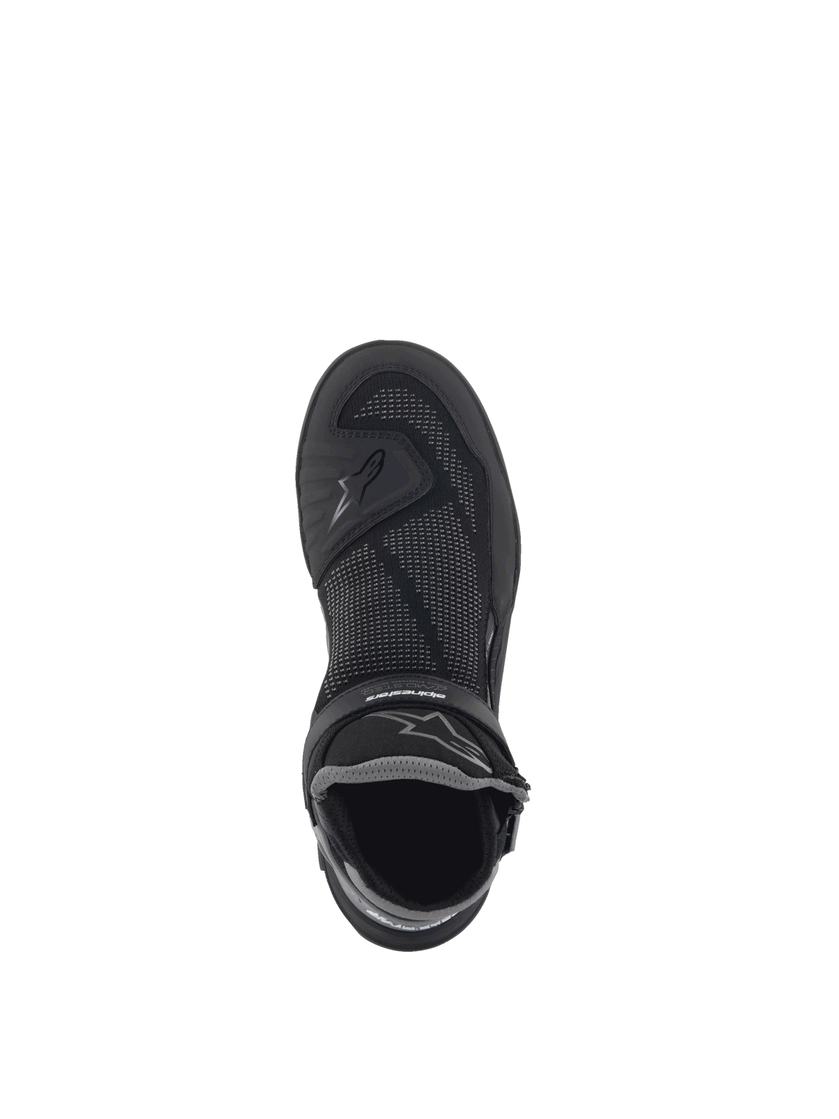 Alpinestars Speedflight Street skor, svarta urban motorcykelstövlar, vy uppifrån med stickad mesh och logotyp.