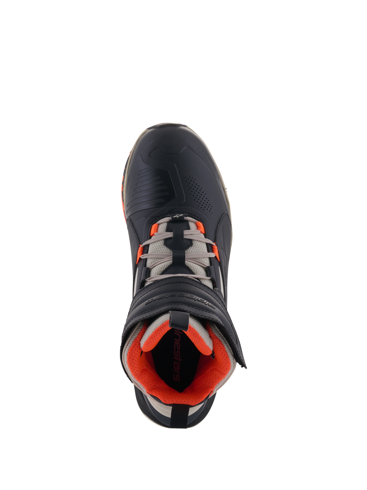 Alpinestars Speedstreet-skor, mc-skor, Black Almond Hot Orange, vy ovanifrån som visar svart ovandel i mikrofiber med orange detaljer, mandelgrå skosnören och ergonomiskt kardborreband, urban motorsport-inspirerad design