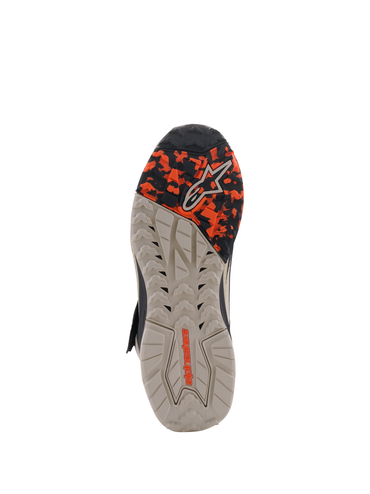 Alpinestars Speedstreet-skor, vy av yttersula, Black Almond Hot Orange, med en oljebeständig gummisula med flera texturer, kamouflagemönstrad framfot och präglad Alpinestars-logotyp, designad för grepp och stabilitet.