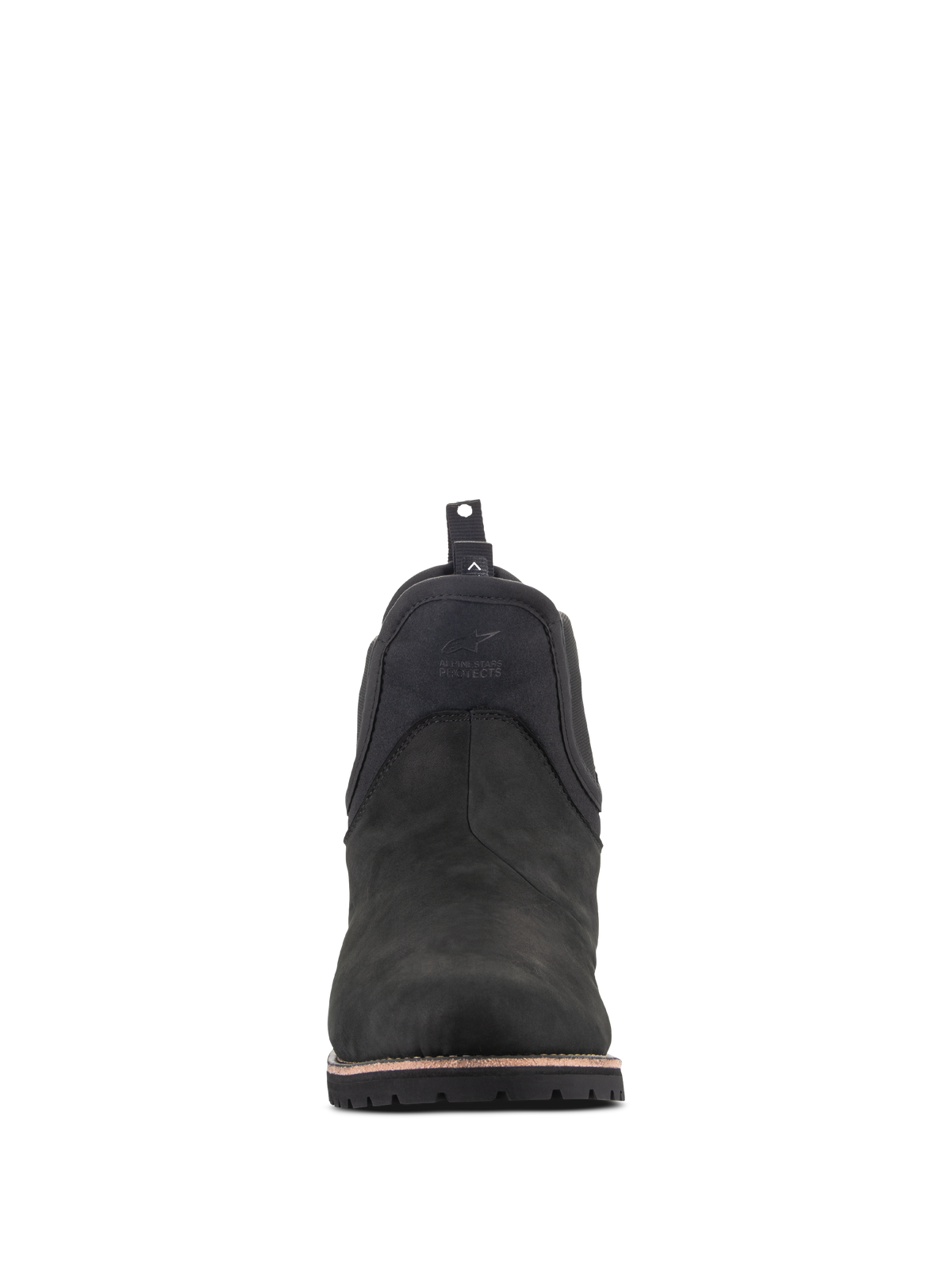 Alpinestars Turnstone Shoes, Urban Motorcycle Riding Shoes, Black Black, front view of a Chelsea-style bovine leather boot, featuring an embossed logo on the front and a rear pull tab.