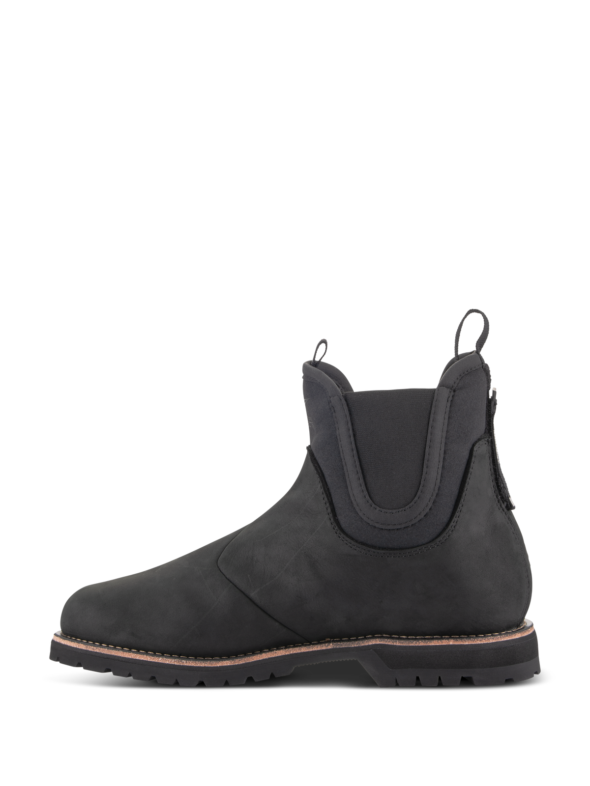 Alpinestars Turnstone Shoes, Black Chelsea-style motorcycle riding boot, side profile view, crafted from 1.5mm bovine leather with elasticated ankle panels and front and rear pull tabs.