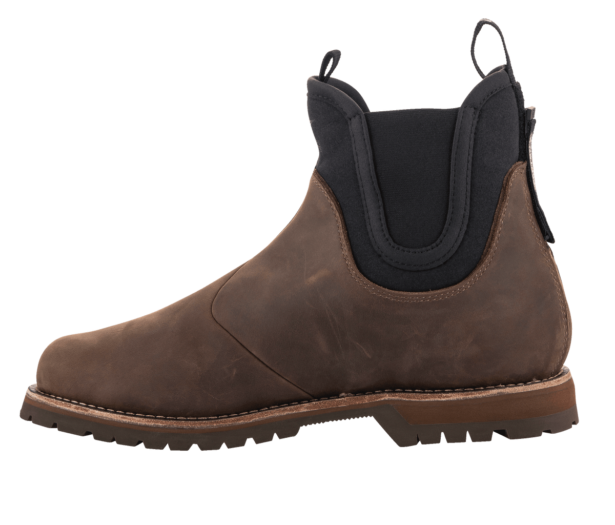 Alpinestars Turnstone Shoes, chocolate brown bovine leather motorcycle boot, Chelsea boot style with black elasticated side panels and pull tabs, rugged lug sole, protective urban riding footwear