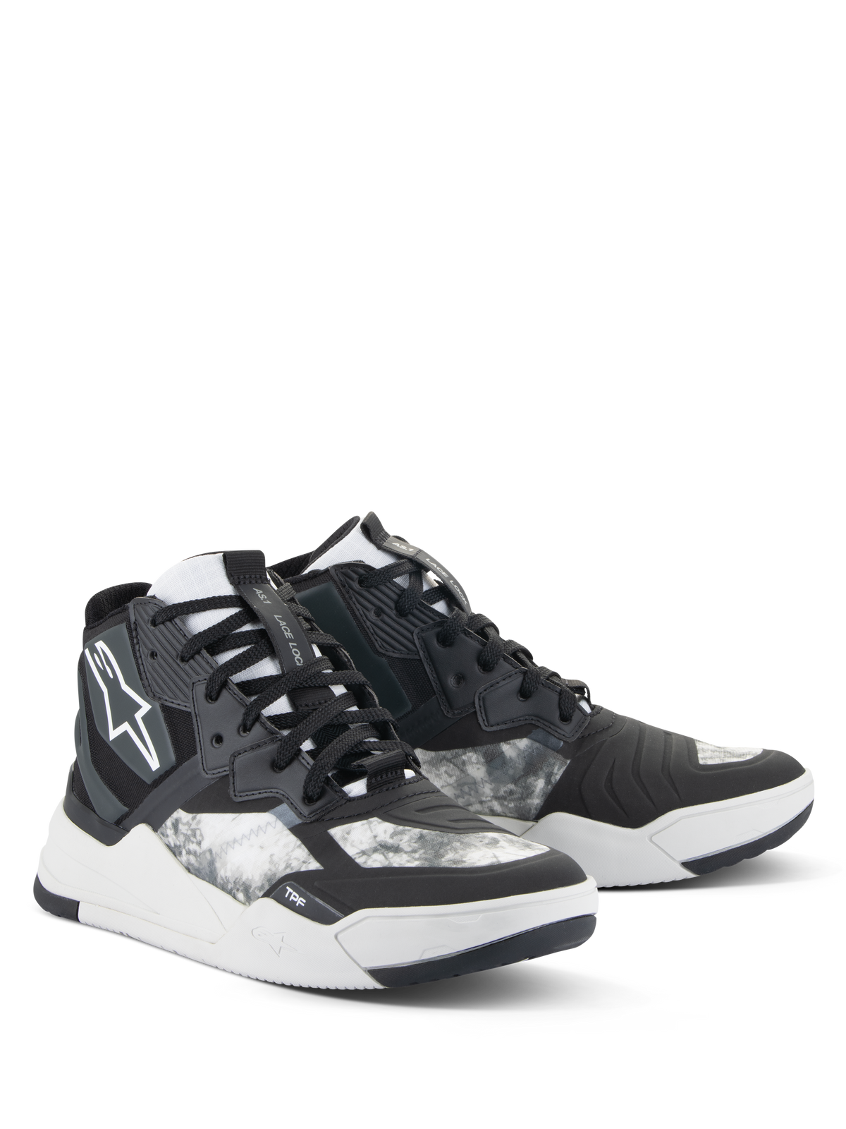Alpinestars Speedflight-skor, motorcykelskor, svarta, grå och vita med marmorerat mönster, high-top sneakerdesign med förstärkta paneler, vit Alpinestars-logotyp och slitstark gummisula