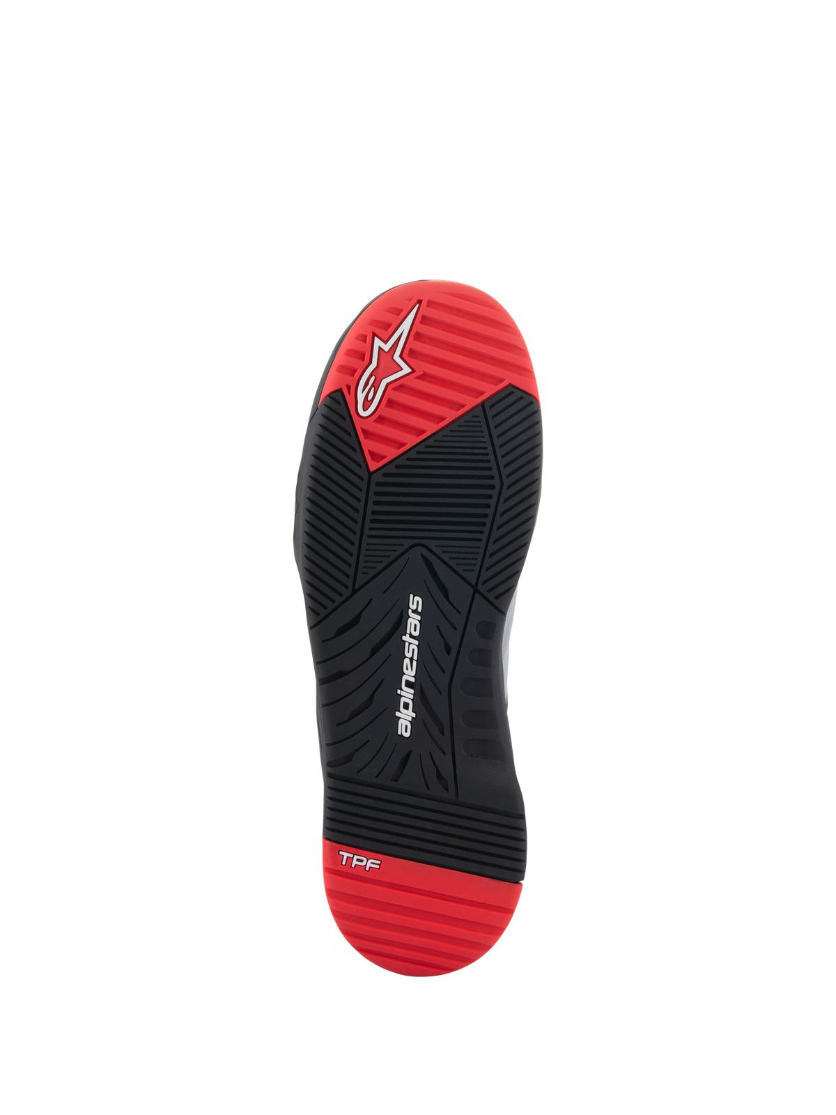 Alpinestars Speedflight-skor, motorcykelskor, vy av undersidan, svart och klarröd, med vit Alpinestars-logotyp och TPF-märke, dubbeldensitets yttersula i gummi med greppmönster i flera riktningar