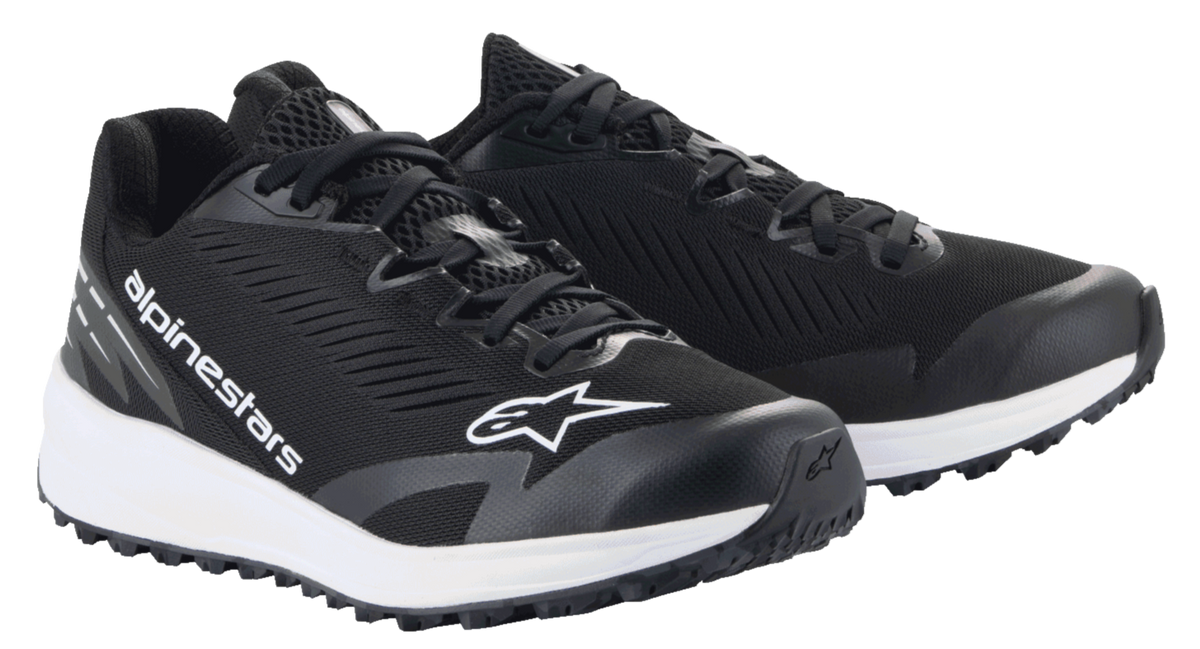 Alpinestars Meta Road V2 Shoes, Sportswear Shoes, Black and White, breathable mesh upper with white Alpinestars branding, thick white midsole, athletic design for race-team workwear