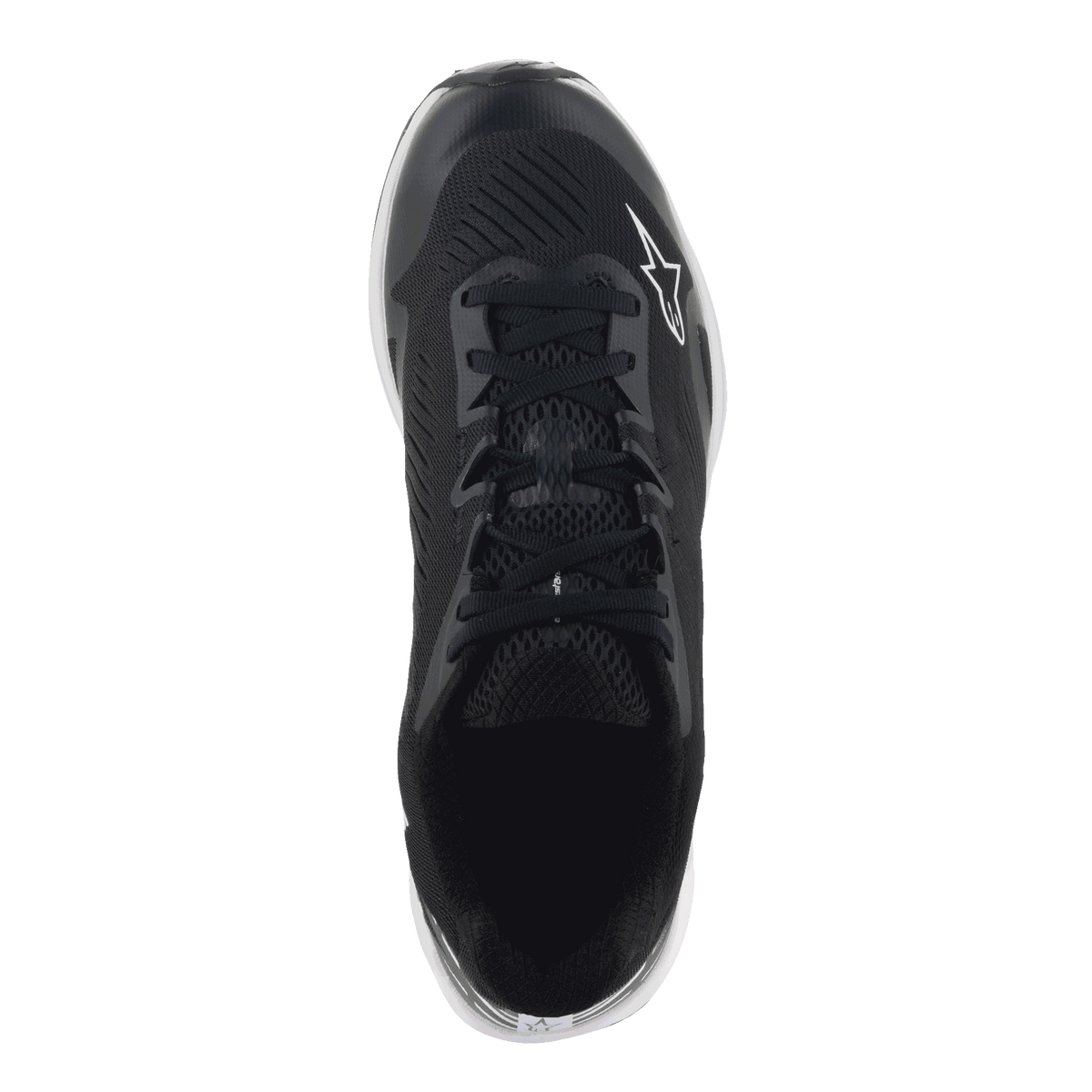 Alpinestars Meta Road V2 Shoes, sportskor, svarta och vita, vy uppifrån som visar ventilerande ovandel i syntetisk mesh, svarta skosnören och vit Astars-logotyp, designad för komfort hela dagen och som arbetskläder för racingteam.