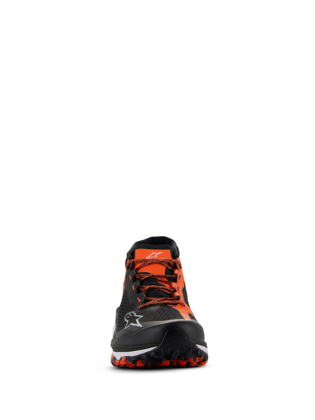 Alpinestars Meta XR V2-skor, svart orange vit, vy framifrån som visar ovandel i teknisk mesh, orange skosnören och robust oljebeständig gummisula med synligt mönster, sportig vardagssko
