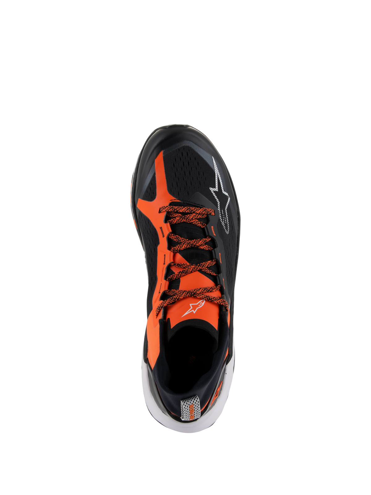 Alpinestars Meta XR V2-skor, sportiga vardagsskor, svart, orange och vit, vy uppifrån med en ovandel i svart teknisk mesh, livfulla orangea detaljer, mönstrade skosnören och vita logotypdetaljer, designade för komfort och stabilitet hela dagen