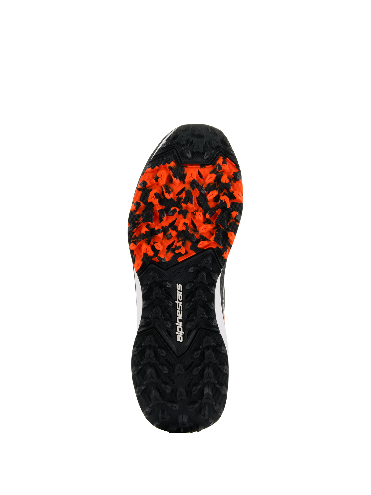 Alpinestars Meta XR V2-skor, robust yttersula i gummi, svart och orange, med ett grovt mönster för bra grepp på smutsiga underlag, vit Alpinestars-logotyp, oljebeständig och anatomiskt optimerad för terränggrepp