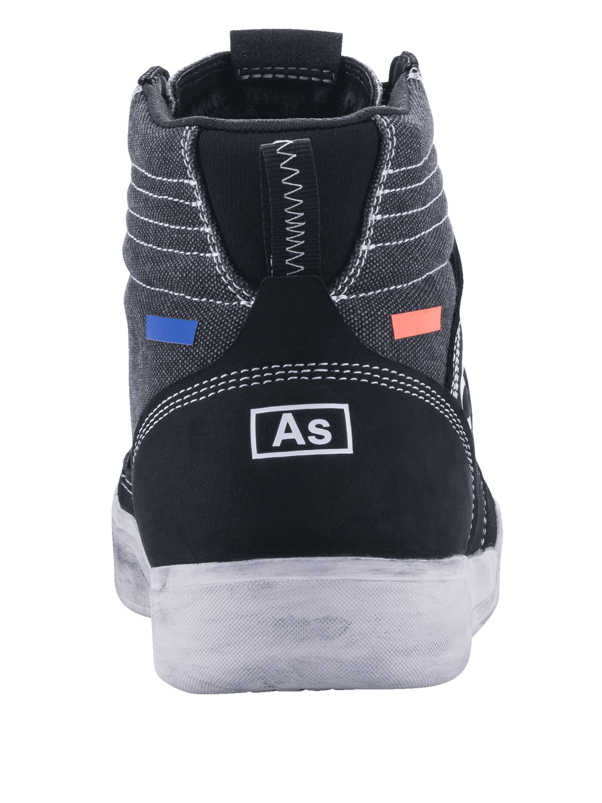 Alpinestars Ageless motorskor, mc-skor, svart och mörkgrå, vy bakifrån med mörkgrå canvas och vita sömmar, svart mockahäl med vit logotyp, blå och orange detaljer, avslappnad urban design med vit sula