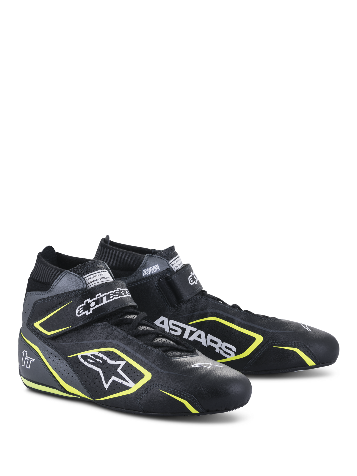 Alpinestars Tech-1 T V3-skor FIA, bilsportskor, svart, Cool Gray och neongul, helskinnskonstruktion med kardborreband, neongula detaljer, framträdande vit branding inklusive Alpinestars- och ASTARS-logotyper, professionell motorsportdesign