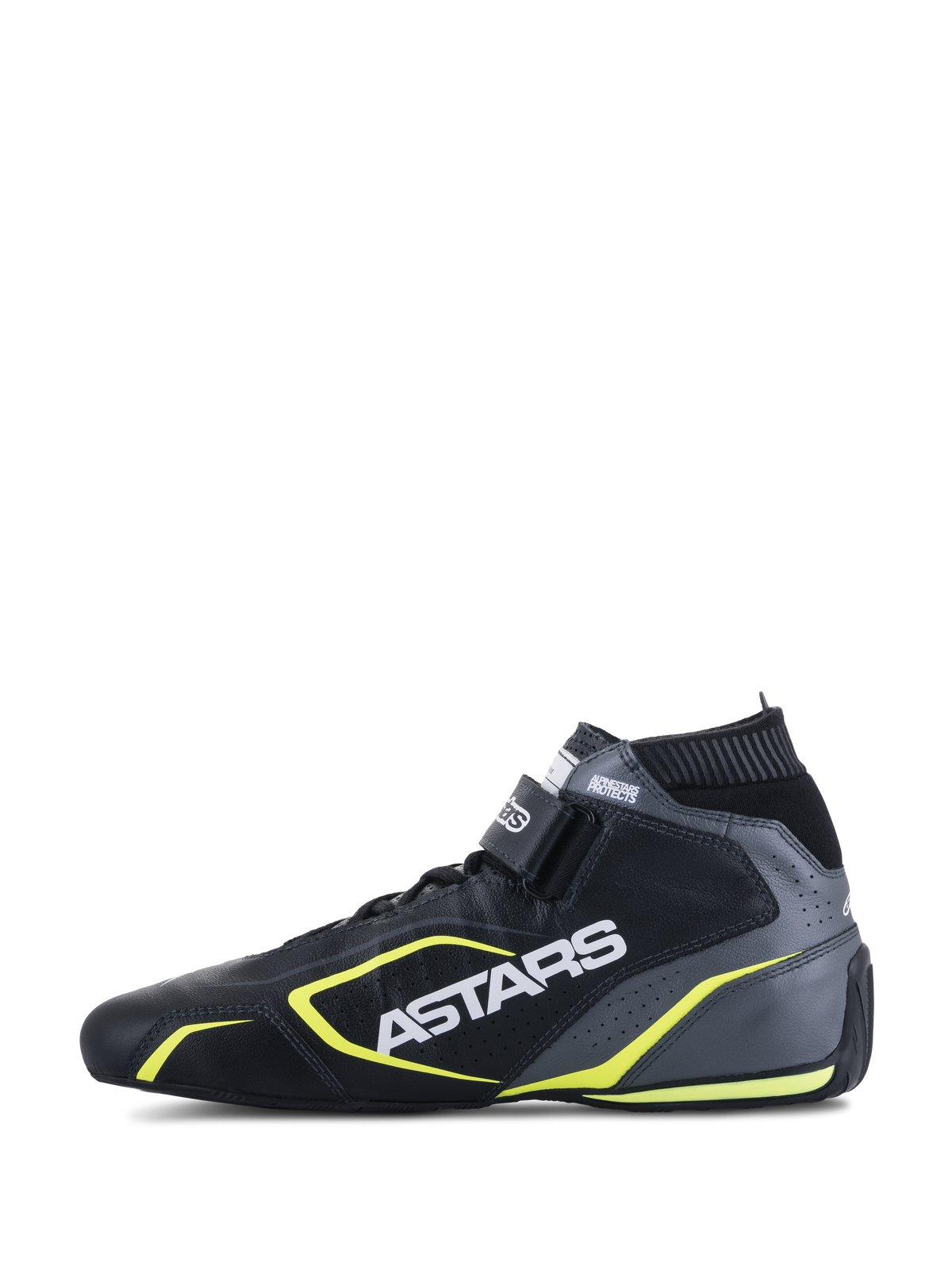 Alpinestars Tech-1 T V3 Skor FIA, racingskor, svart, kallgrå och neongul, sidoprofil som visar läderkonstruktion, vit ASTARS-logotyp, elastisk flamsäker krage och livfulla gula detaljer.