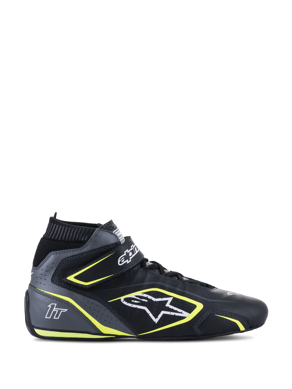 Alpinestars Tech-1 T V3 FIA racingskor, svarta och grå med neongula detaljer, höga motorsportskor, konstruktion i perforerat nötläder, kardborreband vid ankeln och snörning, vit logotyp och 1T-märkning, FIA 8856-2018-certifierade för bilracing