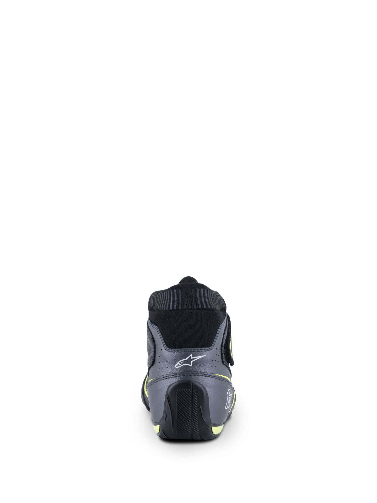 Alpinestars Tech-1 T V3-skor FIA, bilracingskor, svart, cool gray och gul fluo, vy bakifrån med den vita stjärnlogotypen på hälen och flamsäker elastisk krage