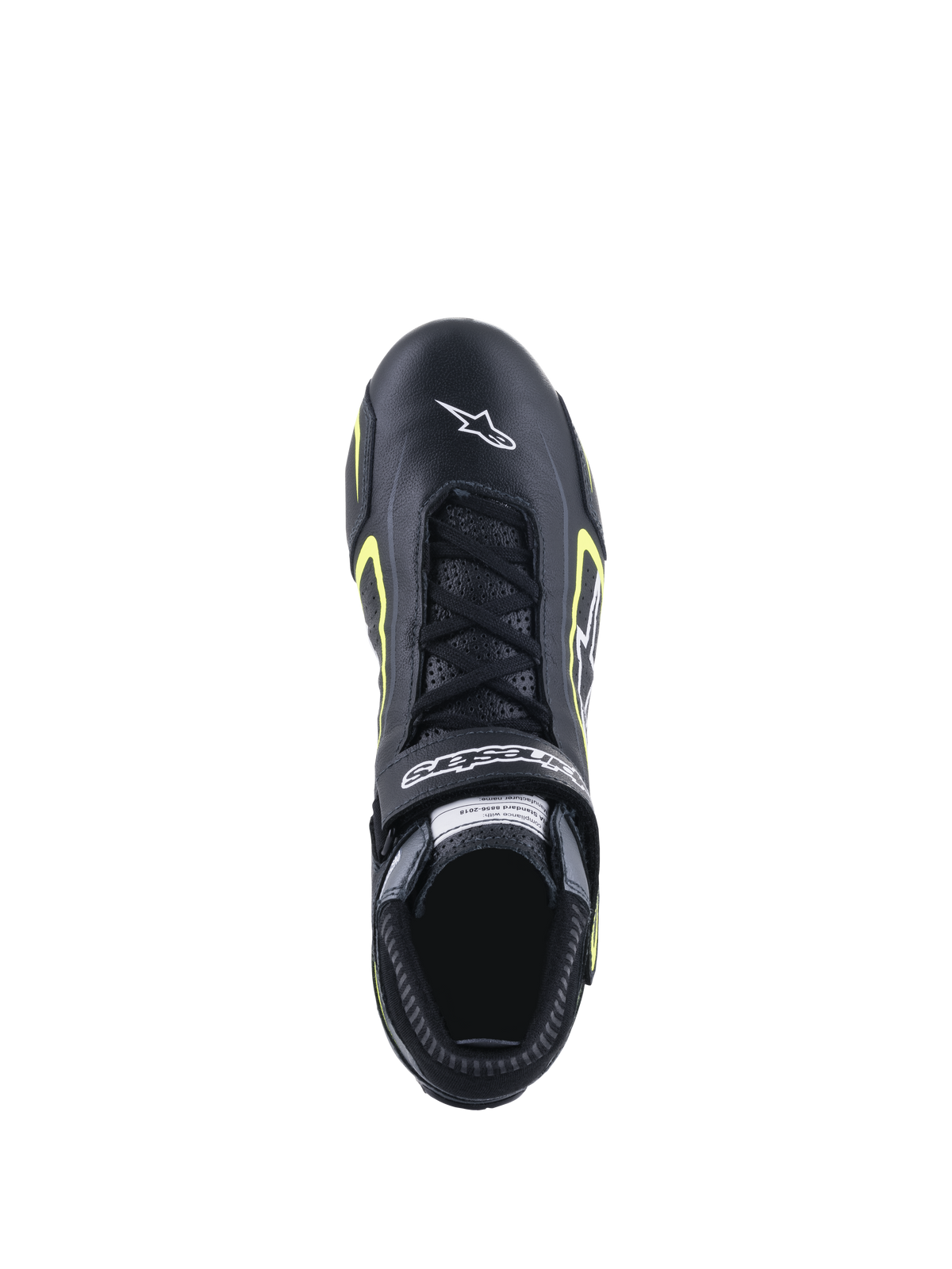 Alpinestars Tech-1 T V3-skor FIA, bilsportskor, svart och gul fluo, vy uppifrån som visar läderkonstruktion, snörning och vit Alpinestars-logotyp på tån