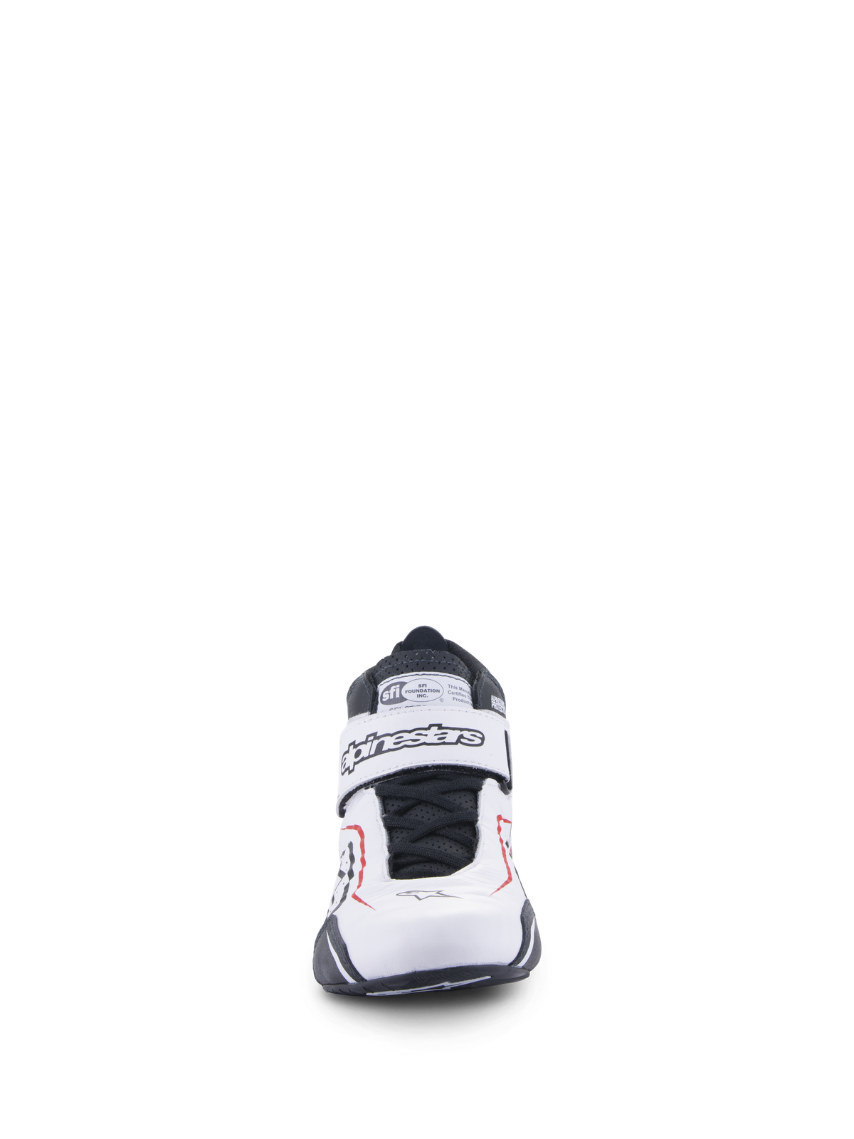 Alpinestars Tech-1 T V3-skor, racingskor, vita, svarta och röda, vy framifrån med kardborreband med Alpinestars-logotyp, svarta skosnören och SFI-certifieringsetikett på plösen