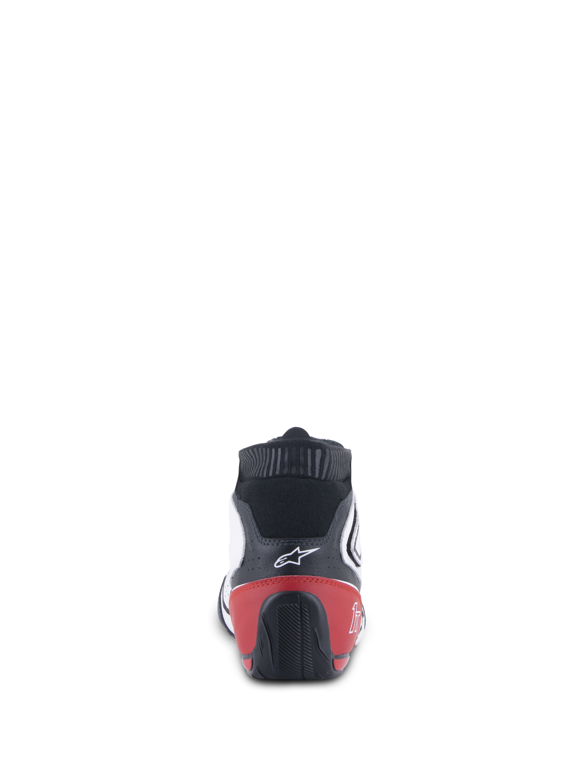 Alpinestars Tech-1 T V3-skor FIA, bilsportskor, vit, svart och röd, vy bakifrån som visar den röda hälkappan och svart mönstrad yttersula, vit Alpinestars-logotyp på svart läderovandel