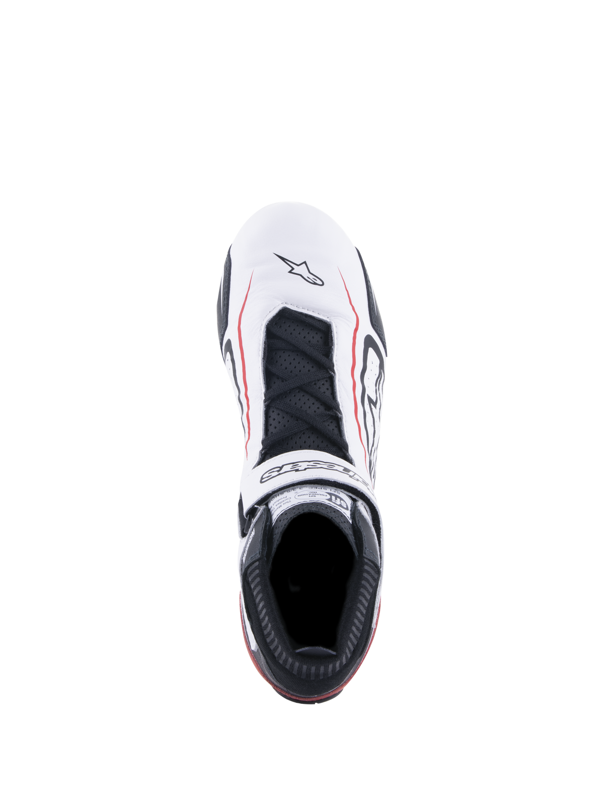 Alpinestars Tech-1 T V3-skor FIA, bilsportskor, vit, svart och röd, vy uppifrån med vit läderovandel och röda accentlinjer, svarta skosnören, kardborreband med logotyp och SFI-certifieringsetikett på plösen