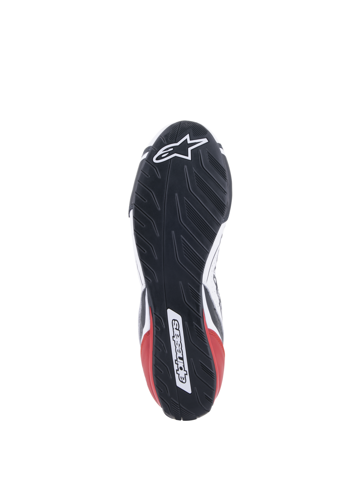 Alpinestars Tech-1 T V3-skor FIA, racing-skor för bil, vita, svarta och röda, detaljerad vy av den asymmetriska däckmönsterinspirerade gummisulan, med Alpinestars logotyp och ordmärke, oljebeständig och vattenavvisande yttersula