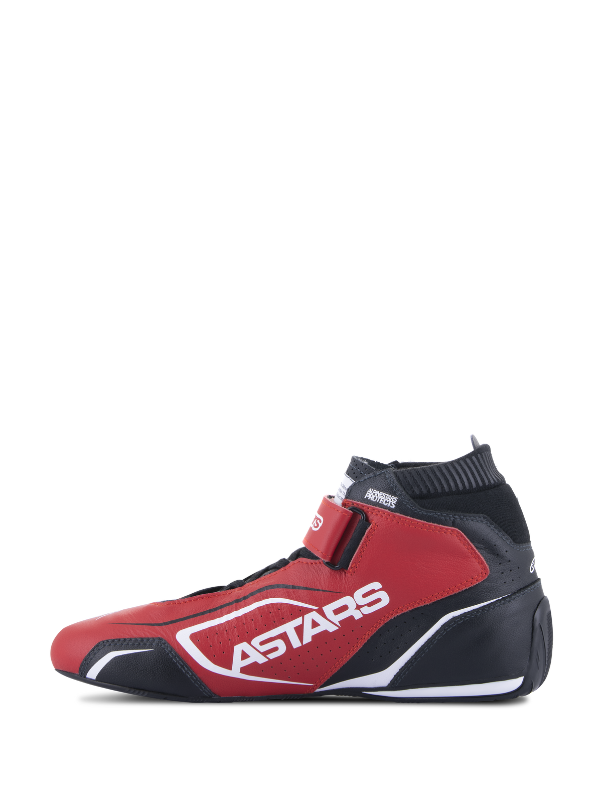 Alpinestars Tech-1 T V3-skor FIA, racingskor, röda, svarta och vita, sidoprofil med tydlig vit ASTARS-logotyp, kardborreband och flamsäker elastisk krage, professionella motorsportskor i nötläder.
