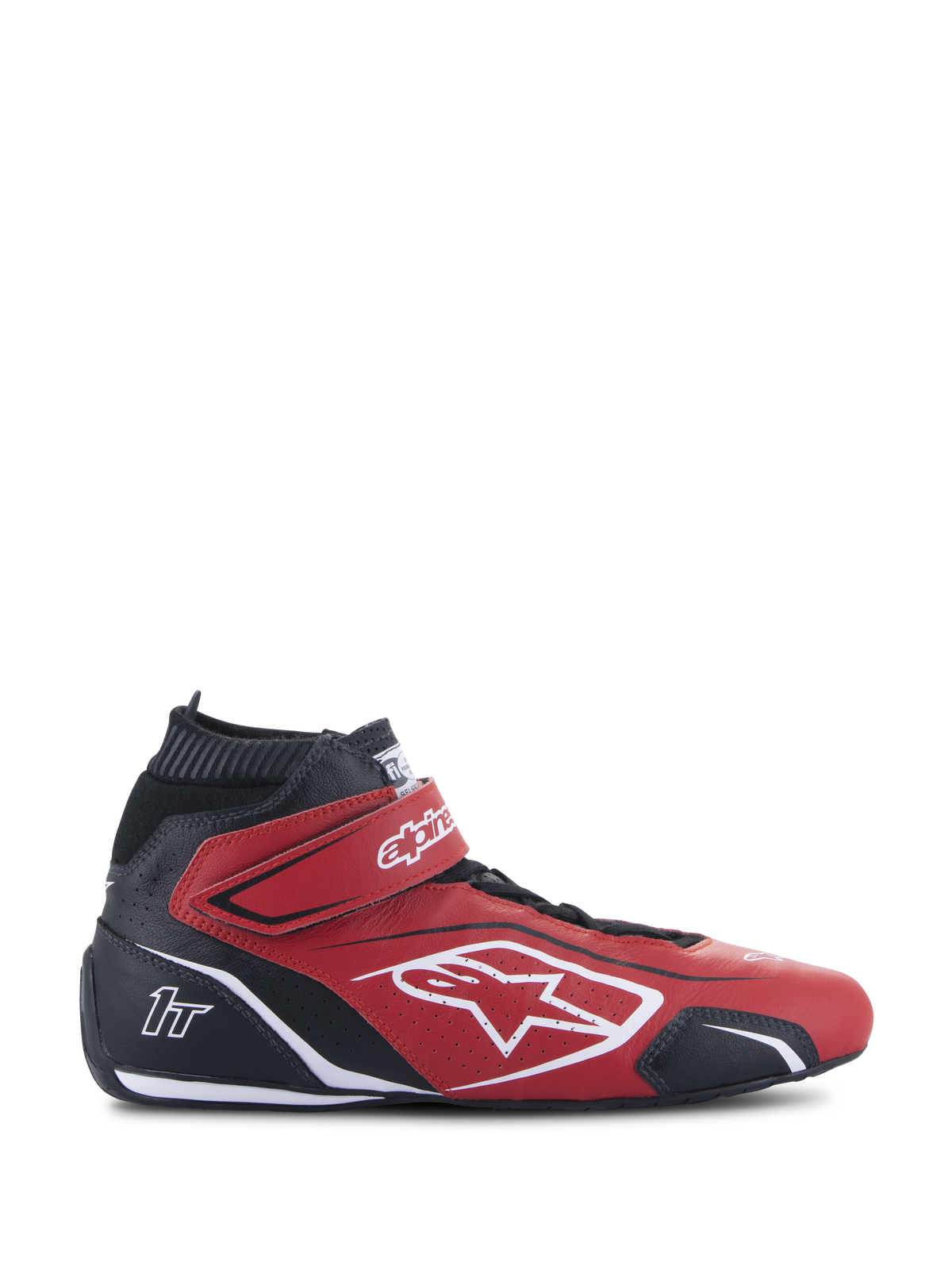 Alpinestars Tech-1 T V3 Shoes FIA, röda och svarta professionella racingskor, sidoprofil, hög design, vit Alpinestars-logotyp och 1T-märkning, kardborreband vid ankeln, perforerat nötläder för andningsförmåga, tunn svart prestandasula, FIA-certifierade motorsportskor
