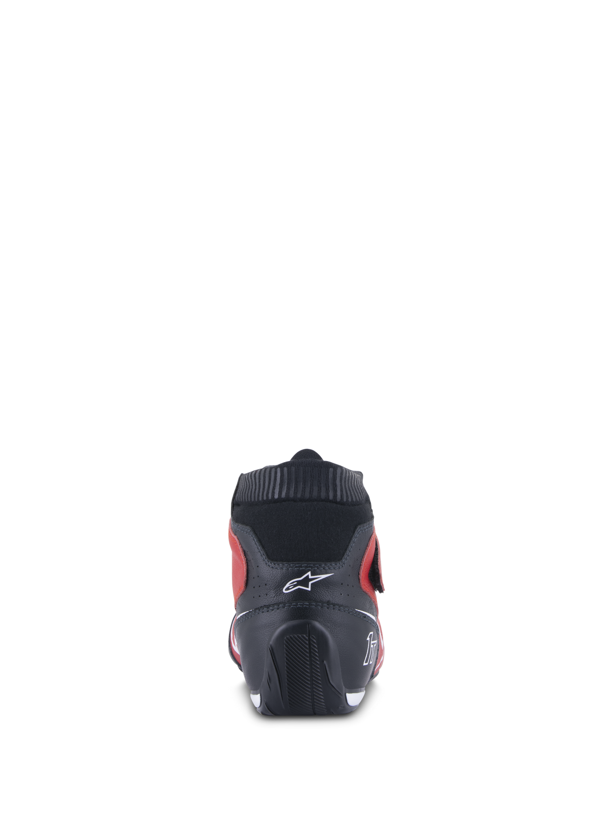 Alpinestars Tech-1 T V3-skor FIA, racingskor för bilsport, röd, svart och vit, vy bakifrån med en svart läderhäl med vit logotyp, ribbad krage och röda sidopaneler, vilket framhäver den ergonomiska designen för prestanda inom motorsport.
