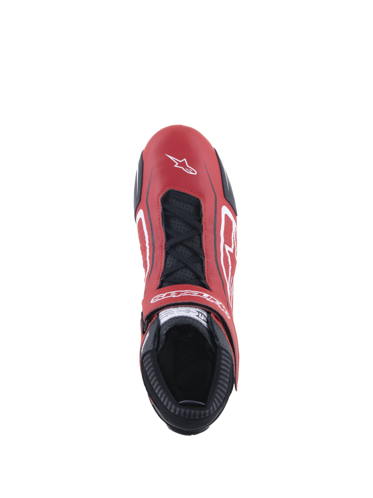 Alpinestars Tech-1 T V3-skor FIA, racingskor, röd, svart och vit, vy uppifrån som visar ovandel i rött nötläder med svarta skosnören och justerbar rem, vita logotyper och en smal profil för tävlingskörning
